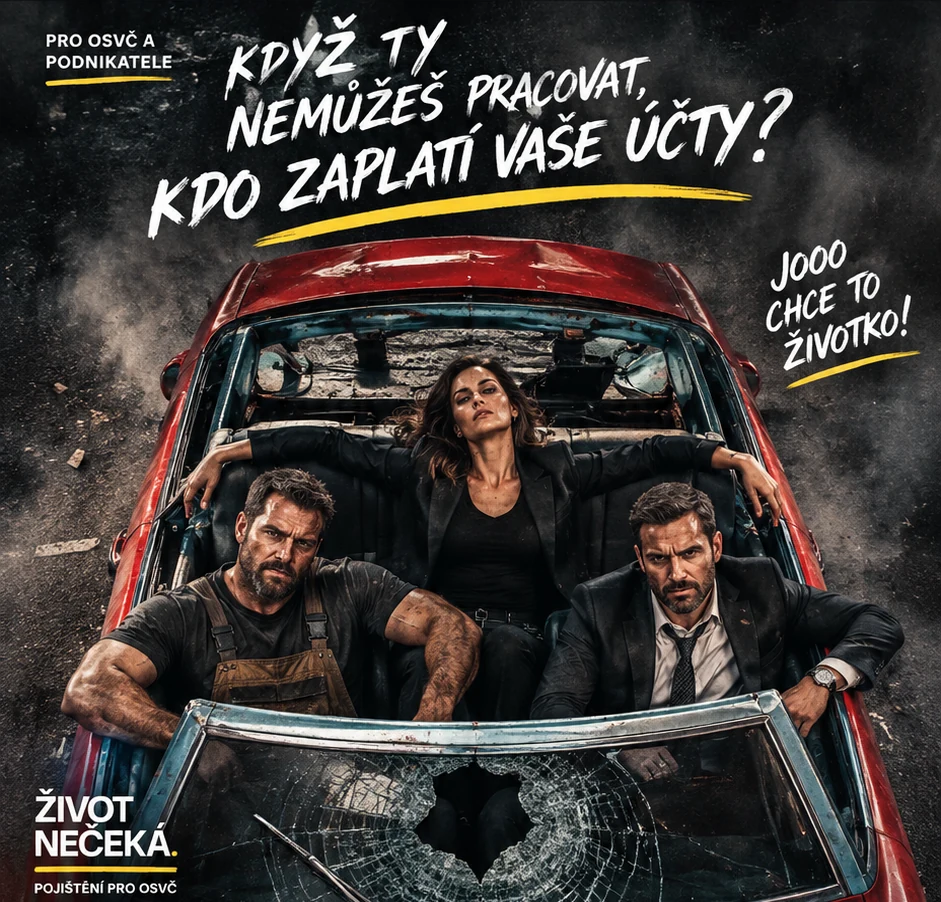 Tři podnikatelé v poškozeném červeném autě. Když ty nemůžeš pracovat, kdo zaplatí vaše účty? Život nečeká — pojištění pro OSVČ.